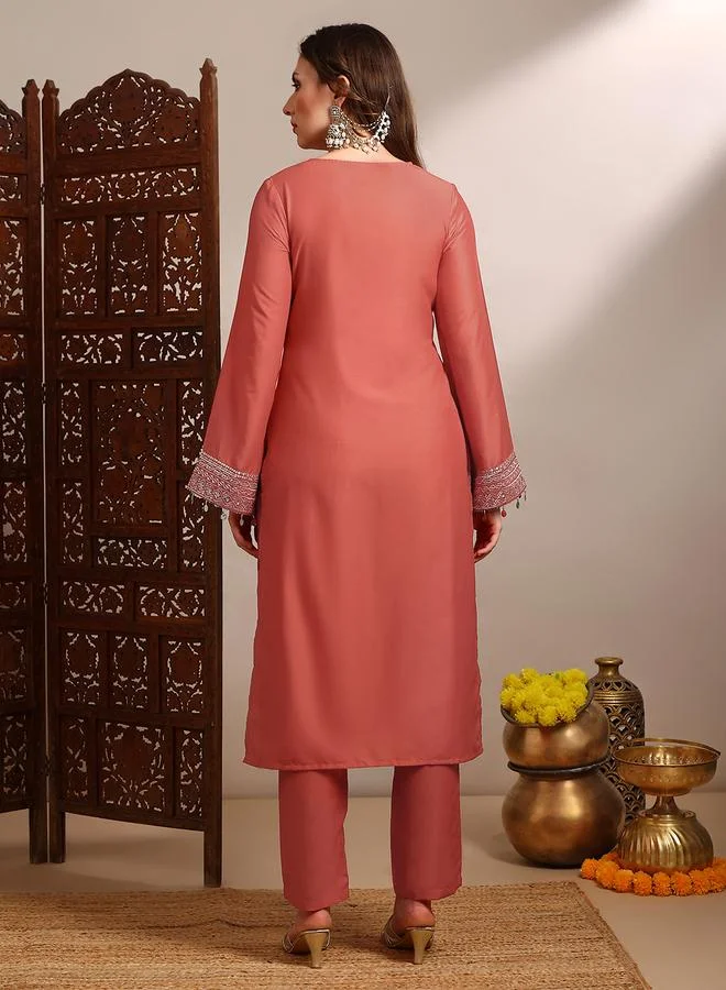 globus Women Orange Sequin Zari Embroidered Kurta with Pants Set